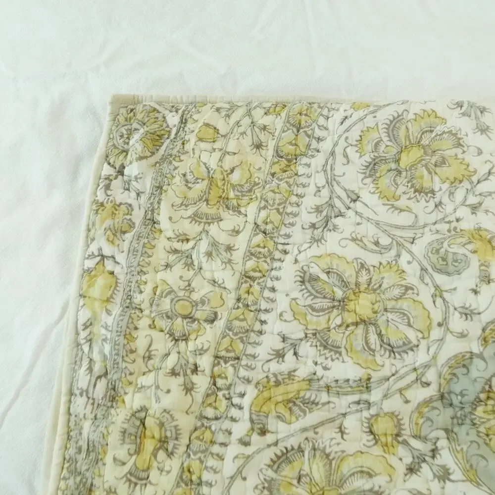 Pottery Barn Quilted Pillow Sham‎ Euro Square Yellow Floral Scroll Boho Neutral